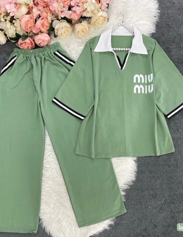 ست تیشرت و شلوار بگ Miu Miu طرز 1260 جنس گلکسی پنبه